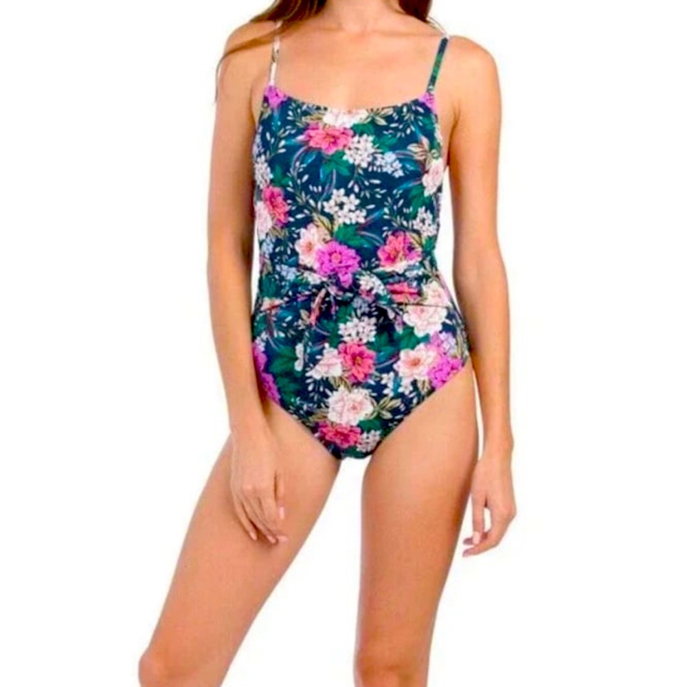 NWT Jessica Simpson Swimsuit Garden Paradise Navy Floral Tie Waist Size Medium